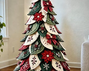 Quilted Christmas Tree Pattern PDF, 3D Fabric Christmas Tree Sewing Pattern, Poinsettia Applique Holiday Decor, Digital Quilt Pattern