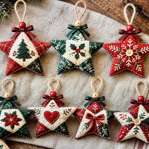 Patroon voor een gequilte sterornament (PDF), 7 naaipatronen voor kerststerren, patchwork stoffen ornamenten met applicaties en borduurwerk, doe-het-zelf kerstboomversiering
