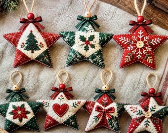 Quilted Star Ornament Pattern PDF, 7 Christmas Star Sewing Patterns, Patchwork Fabric Ornaments with Applique & Embroidery, DIY Tree Decor