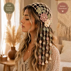 Virkat hårnätsmönster, Boho blommig hårsnodd i PDF-format, virkmönster för festivalhårband, Cottagecore håraccessoar, direktnedladdning