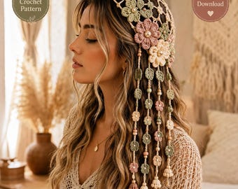 May include: A crochet head covering featuring a lattice pattern adorned with pastel pink, cream, and sage green floral motifs. The piece includes dangling strands of crocheted leaves and flowers accented with small beads. Text reads PDF Crochet Pattern.