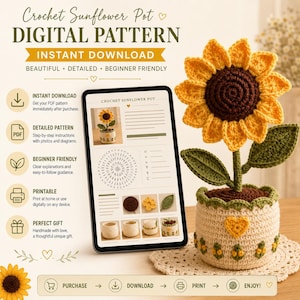 Crochet Sunflower Pot Plant Pattern, Amigurumi Potted Flower Decor, Faux Sunflower in Pot, PDF Instant Download, Home Shelf Decor