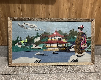 Japanese Landscape Cross Stitch Pattern PDF, Geisha and Pagoda Lake Scene, Snowy Asian Scenery Counted Chart, Japan Wall Decor