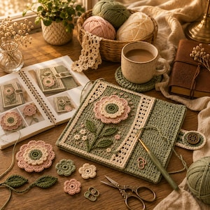 Puede incluir: Una funda de cuaderno tejida a ganchillo en color verde salvia con una gran aplicaci&oacute;n floral rosa y crema, un borde de encaje blanco y cierre de bot&oacute;n. Se muestra junto a un libro de patrones, ovillos de lana, una taza, tijeras y flores.