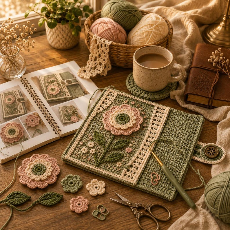 Puede incluir: Una funda de cuaderno tejida a ganchillo en color verde salvia con una gran aplicaci&oacute;n floral rosa y crema, un borde de encaje blanco y cierre de bot&oacute;n. Se muestra junto a un libro de patrones, ovillos de lana, una taza, tijeras y flores.