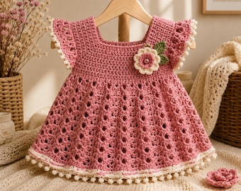 Puede incluir: Un vestido de ganchillo rosa empolvado con escote cuadrado, mangas de volante y falda acampanada con patrón calado. El corpiño está adornado con una aplicación de flor de ganchillo crema y rosa con hojas verdes y un borde de pompones crema.