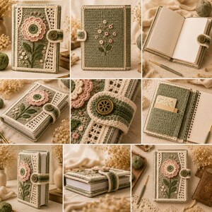 Puede incluir: Una funda de ganchillo para cuaderno en color verde salvia con una gran aplicaci&oacute;n de flor rosa y blanca en la parte delantera, un borde color crema tipo encaje y una correa de cierre con un bot&oacute;n redondo de tono bronce. Incluye un bolsillo.
