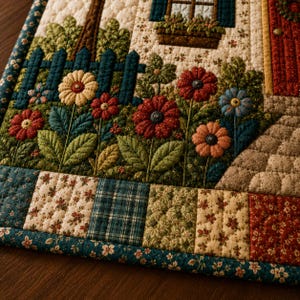 May include: A quilted fabric wall hanging featuring a garden scene with red, pink, and cream flowers, a dark blue picket fence, and a stone path. The border consists of a patchwork of floral, plaid, and solid fabric squares in blue, red, and green.