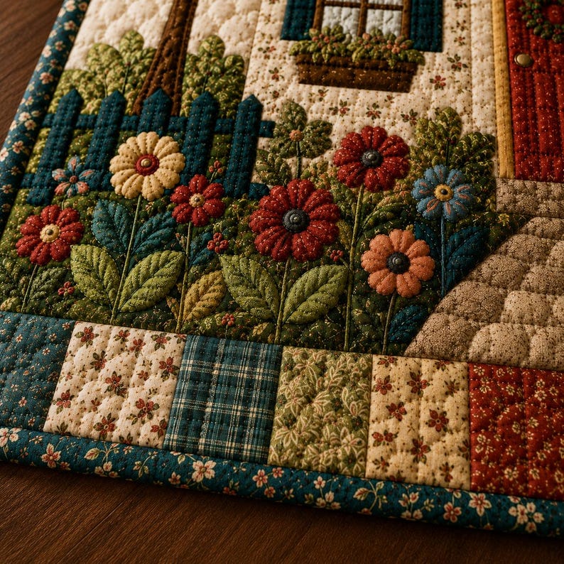May include: A quilted fabric wall hanging featuring a garden scene with red, pink, and cream flowers, a dark blue picket fence, and a stone path. The border consists of a patchwork of floral, plaid, and solid fabric squares in blue, red, and green.