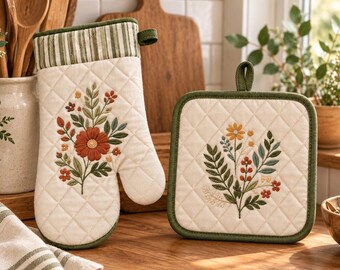 Quilted Oven Mitt Sewing Pattern PDF, Pot Holder Pattern, Floral Kitchen Set, Botanical Embroidery DIY Template