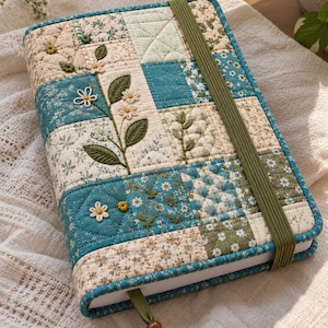 Quilted Book Cover Sewing Pattern PDF, Embroidered Floral Patchwork Journal Cover, Fabric Notebook Cover with Elastic, Book Lover Gift