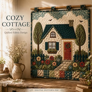 Op de afbeelding: Een gewatteerde stoffen wandhanger met een cottage-tafereel met een donkerblauw dak, een rode deur en een tuin met kleurrijke bloemen. De tekst COZY COTTAGE Quilted Fabric Design en DIGITAL PATTERN PDF is zichtbaar op de afbeelding.