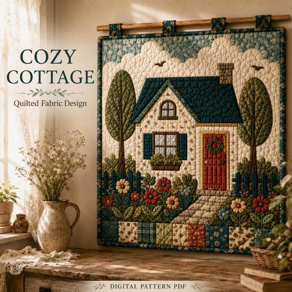 House Quilt Pattern PDF | Cozy Cottage Wall Hanging Quilt Pattern | Applique Farmhouse Quilt | Floral Garden Cottagecore DIY Sewing Pattern