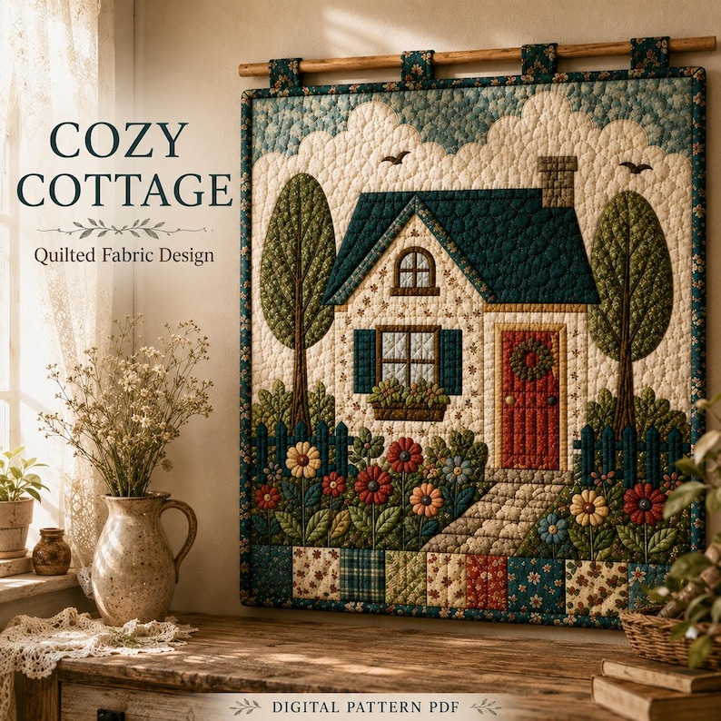 May include: A quilted fabric wall hanging featuring a cottage scene with a dark blue roof, a red door, and a garden of colorful flowers. The text COZY COTTAGE Quilted Fabric Design and DIGITAL PATTERN PDF is visible on the image.