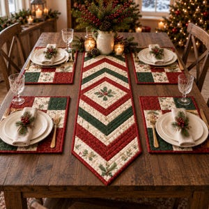Patrón de camino de mesa navideño y patrón de mantel individual acolchado en PDF, tapiz decorativo navideño con estampado de chevrón, juego de decoración de mesa navideña con patchwork.