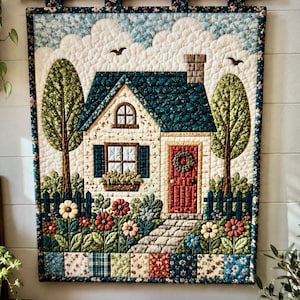 House Quilt Pattern PDF | Cozy Cottage Wall Hanging Quilt Pattern | Applique Farmhouse Quilt | Floral Garden Cottagecore DIY Sewing Pattern
