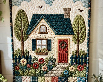 House Quilt Pattern PDF | Cozy Cottage Wall Hanging Quilt Pattern | Applique Farmhouse Quilt | Floral Garden Cottagecore DIY Sewing Pattern