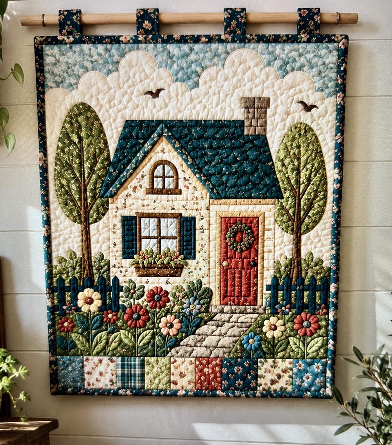 House Quilt Pattern PDF | Cozy Cottage Wall Hanging Quilt Pattern | Applique Farmhouse Quilt | Floral Garden Cottagecore DIY Sewing Pattern image 1