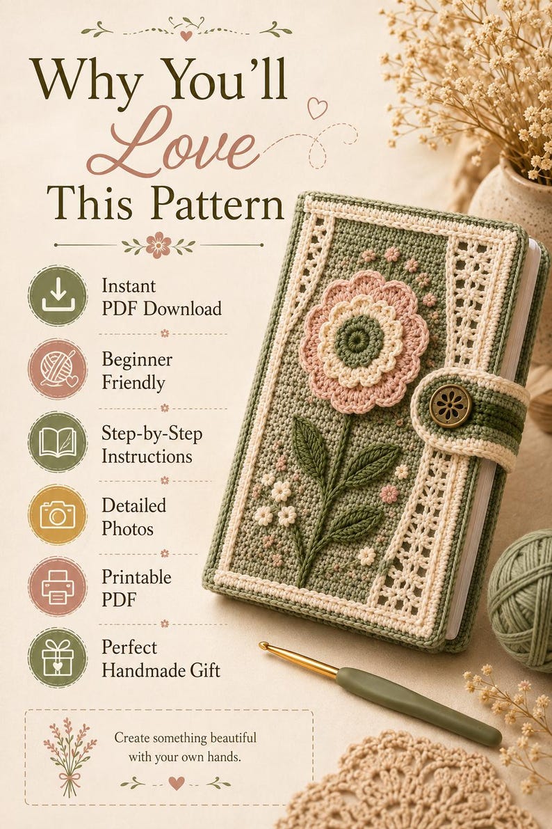 Puede incluir: Una funda de libro de ganchillo en verde salvia y crema con una gran aplicaci&oacute;n de flor rosa, un cierre de bot&oacute;n y un ganchillo verde. El texto dice: Why You'll Love This Pattern, Instant PDF Download, Beginner Friendly, Step-by-Step Instructions, Detailed Photos, Printable PDF, Perfect Handmade Gift, Create something beautiful with your own hands.