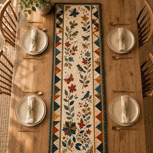 May include: A rectangular quilted table runner featuring a cream-colored center panel with embroidered motifs of birds, butterflies, and floral vines in shades of blue, orange, and green, bordered by a geometric pattern of blue and orange triangles.
