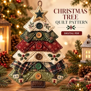 May include: A Christmas tree quilt pattern digital PDF featuring a layered fabric tree ornament. The tree is constructed from triangular fabric segments in cream, green, red, and plaid, decorated with buttons, holly, and house motifs.
