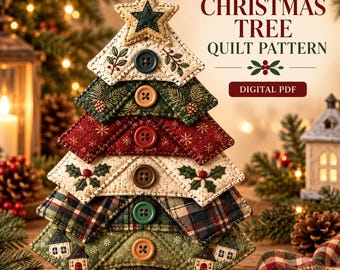May include: A Christmas tree quilt pattern digital PDF featuring a layered fabric tree ornament. The tree is constructed from triangular fabric segments in cream, green, red, and plaid, decorated with buttons, holly, and house motifs.