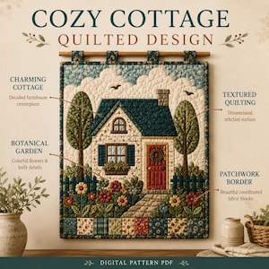 May include: A wall hanging featuring a quilted design titled COZY COTTAGE QUILTED DESIGN. The image depicts a house with a red door, blue roof, and a garden with flowers, trees, and a fence. It includes labels for textured quilting and a patchwork border.