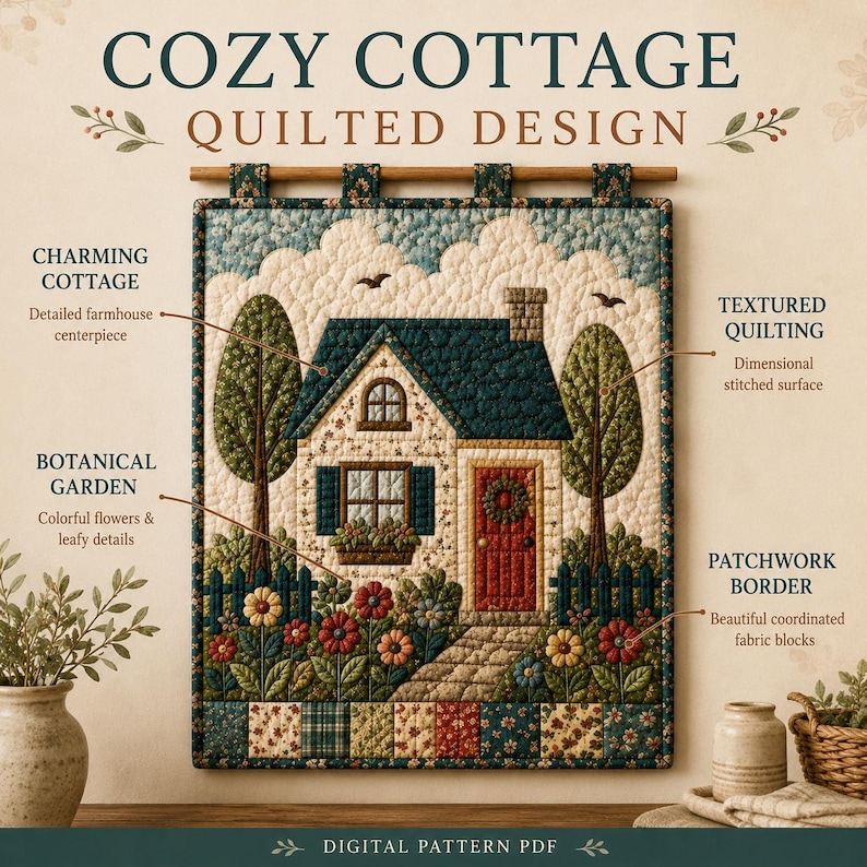 May include: A wall hanging featuring a quilted design titled COZY COTTAGE QUILTED DESIGN. The image depicts a house with a red door, blue roof, and a garden with flowers, trees, and a fence. It includes labels for textured quilting and a patchwork border.