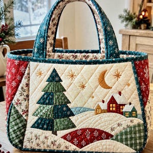 Quilted Christmas Basket Sewing Pattern PDF, Fabric Basket with Handles, Christmas Tree Village Applique, Holiday Gift Basket DIY