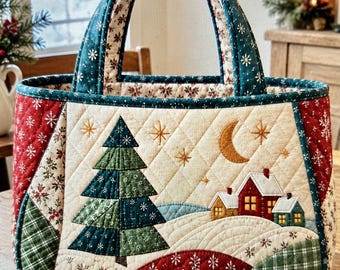 Quilted Christmas Basket Sewing Pattern PDF, Fabric Basket with Handles, Christmas Tree Village Applique, Holiday Gift Basket DIY