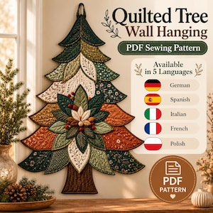 Christmas Tree Quilt Pattern PDF, Quilted Christmas Wall Hanging Pattern, Poinsettia Applique Holiday Sewing Pattern, DIY Christmas Decor