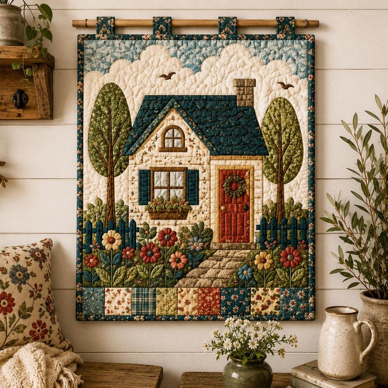 May include: A rectangular fabric wall hanging featuring a quilted scene of a house with a dark blue roof, a red door with a wreath, and a stone path. The house is surrounded by green trees, a blue picket fence, and colorful flowers.