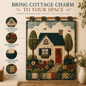 May include: A rectangular quilted wall hanging featuring a countryside cottage scene with a dark green roof, a red door, and a flower-filled garden. The textile art includes a wooden hanging rod, textured fabric patches, and detailed stitching.