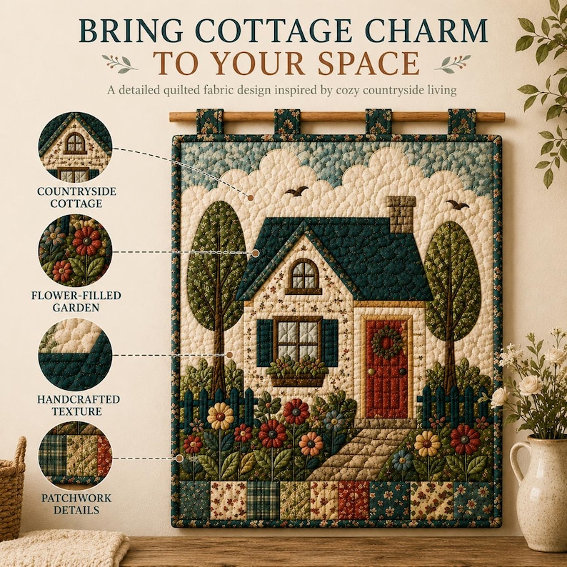 May include: A rectangular quilted wall hanging featuring a countryside cottage scene with a dark green roof, a red door, and a flower-filled garden. The textile art includes a wooden hanging rod, textured fabric patches, and detailed stitching.