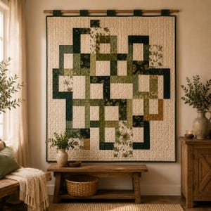 May include: A square wall hanging quilt featuring a geometric pattern of interlocking rectangles in shades of forest green, olive, and cream. The design incorporates solid fabrics alongside floral and botanical prints, finished with a dark green border.