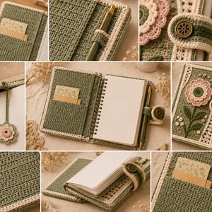 Puede incluir: Una funda de ganchillo color verde salvia para cuaderno con aplique floral, cierre de bot&oacute;n, bolsillo interior para tarjetas y trabilla para bol&iacute;grafo. La funda est&aacute; dise&ntilde;ada para un cuaderno de espiral e incluye un marcap&aacute;ginas a juego.