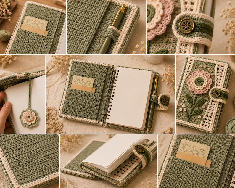 Puede incluir: Una funda de ganchillo color verde salvia para cuaderno con aplique floral, cierre de bot&oacute;n, bolsillo interior para tarjetas y trabilla para bol&iacute;grafo. La funda est&aacute; dise&ntilde;ada para un cuaderno de espiral e incluye un marcap&aacute;ginas a juego.