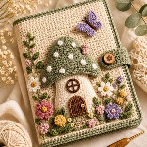 May include: A cream-coloured crochet notebook cover featuring a central mushroom house with a green cap, a brown door, and a small window. The cover is decorated with various colourful crocheted flowers, green vines, and a purple butterfly. A wooden button secures the flap.