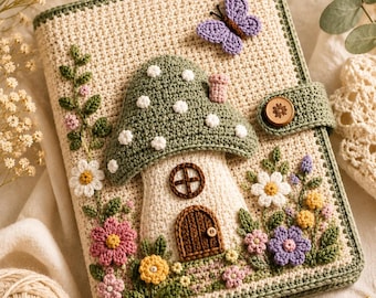 May include: A cream-coloured crochet notebook cover featuring a central mushroom house with a green cap, a brown door, and a small window. The cover is decorated with various colourful crocheted flowers, green vines, and a purple butterfly. A wooden button secures the flap.