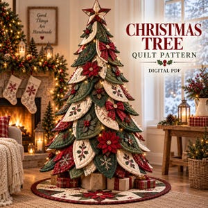 May include: A decorative Christmas tree quilt pattern digital PDF featuring a layered tree made of quilted fabric leaves in shades of red, green, and cream, adorned with fabric poinsettias, bows, and snowflake embroidery, topped with a star.