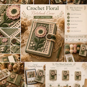 Puede incluir: Una funda de cuaderno de ganchillo con una flor grande de color rosa con centro verde oscuro, tallos verdes y peque&ntilde;as flores blancas sobre un fondo verde salvia. Incluye un borde de encaje color crema y un cierre de correa con bot&oacute;n.
