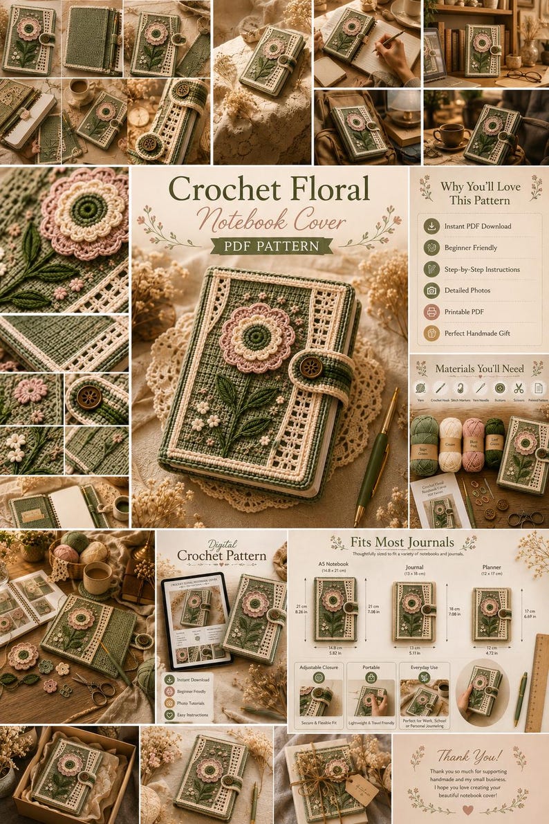 Puede incluir: Una funda de cuaderno de ganchillo con una flor grande de color rosa con centro verde oscuro, tallos verdes y peque&ntilde;as flores blancas sobre un fondo verde salvia. Incluye un borde de encaje color crema y un cierre de correa con bot&oacute;n.