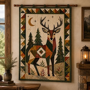 May include: A rectangular wall hanging quilt featuring a geometric deer in shades of brown, green, and orange. The deer stands among stylized pine trees, a crescent moon, and stars. The border consists of a colorful triangular patchwork pattern.