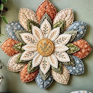 May include: A circular fabric wall hanging shaped like a multi-layered flower. The design features quilted petals in shades of rust orange, sage green, cream, and dusty blue, all decorated with small floral patterns. A central mustard yellow circle displays delicate white and green embroidered botanical sprigs.