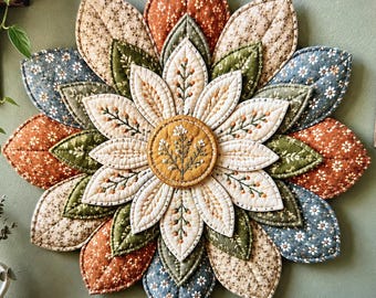 Layered Flower Quilt Pattern PDF, Fall Quilted Wall Hanging, 3D Fabric Flower Sewing Pattern, Autumn Door Hanger, Farmhouse Decor