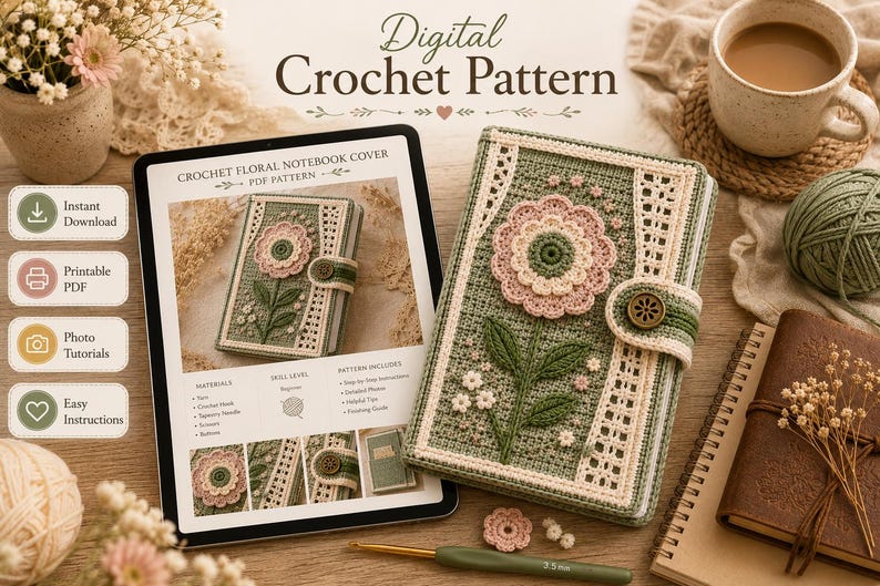 Puede incluir: Un patr&oacute;n de ganchillo digital para una funda de cuaderno floral que se muestra en una tableta junto a una funda de cuaderno de ganchillo verde salvia con una flor rosa grande, un cierre de bot&oacute;n y detalles de borde de encaje blanco.