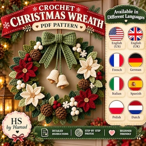 Crochet Christmas Wreath Pattern PDF | Christmas Door Wreath Crochet Pattern | Poinsettia Holiday Wreath | Winter Crochet Decor