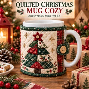 May include: A quilted fabric mug cozy featuring a Christmas tree applique with red and green plaid patterns, a small wooden button at the top, and a side tab with a matching button. The text reads QUILTED CHRISTMAS MUG COZY CHRISTMAS MUG WRAP.