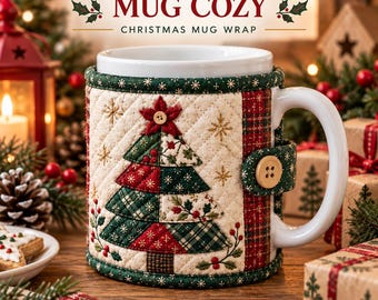 May include: A quilted fabric mug cosy featuring a Christmas tree appliqué with red and green plaid patterns, a small wooden button at the top, and a side tab with a matching button. The text reads QUILTED CHRISTMAS MUG COZY CHRISTMAS MUG WRAP.