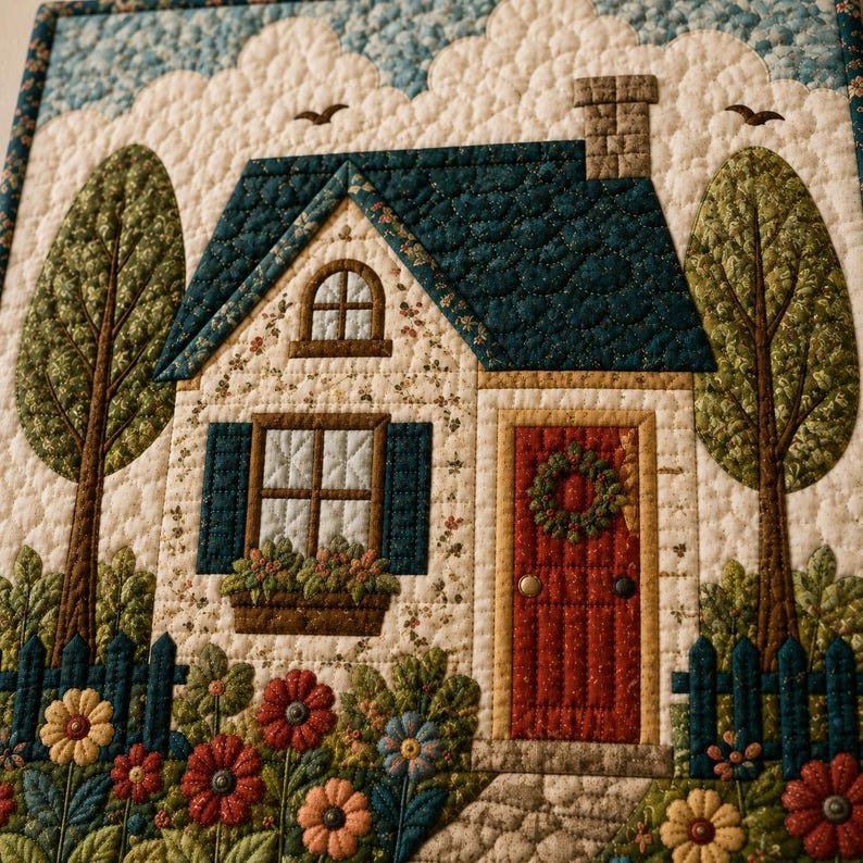 May include: A quilted wall hanging featuring a house with a dark teal roof, a red front door with a wreath, and blue shutters. The scene includes two tall green trees, a blue picket fence, and a garden filled with colorful fabric flowers.
